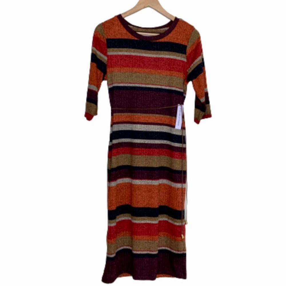 NWT Emma & Michele sweater dress fall colors leather tie string belt L